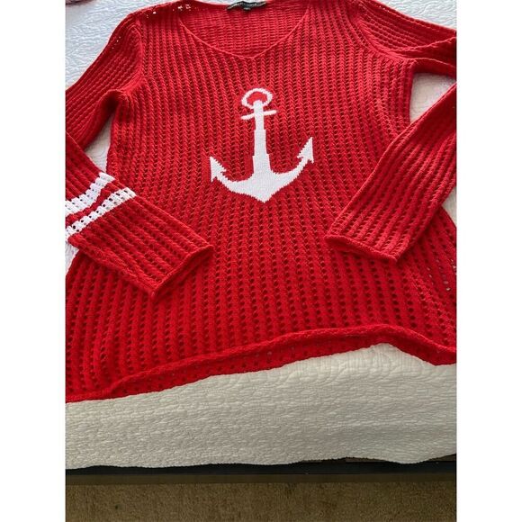 Colleen Lopez M Red Crochet Anchor Pullover Sweater V-Neck Casual - Picture 8 of 11